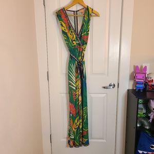 Flying Tomato Tropical Leaf Belted Jumpsuit Sleeveless V-Neck Wide Leg Size S